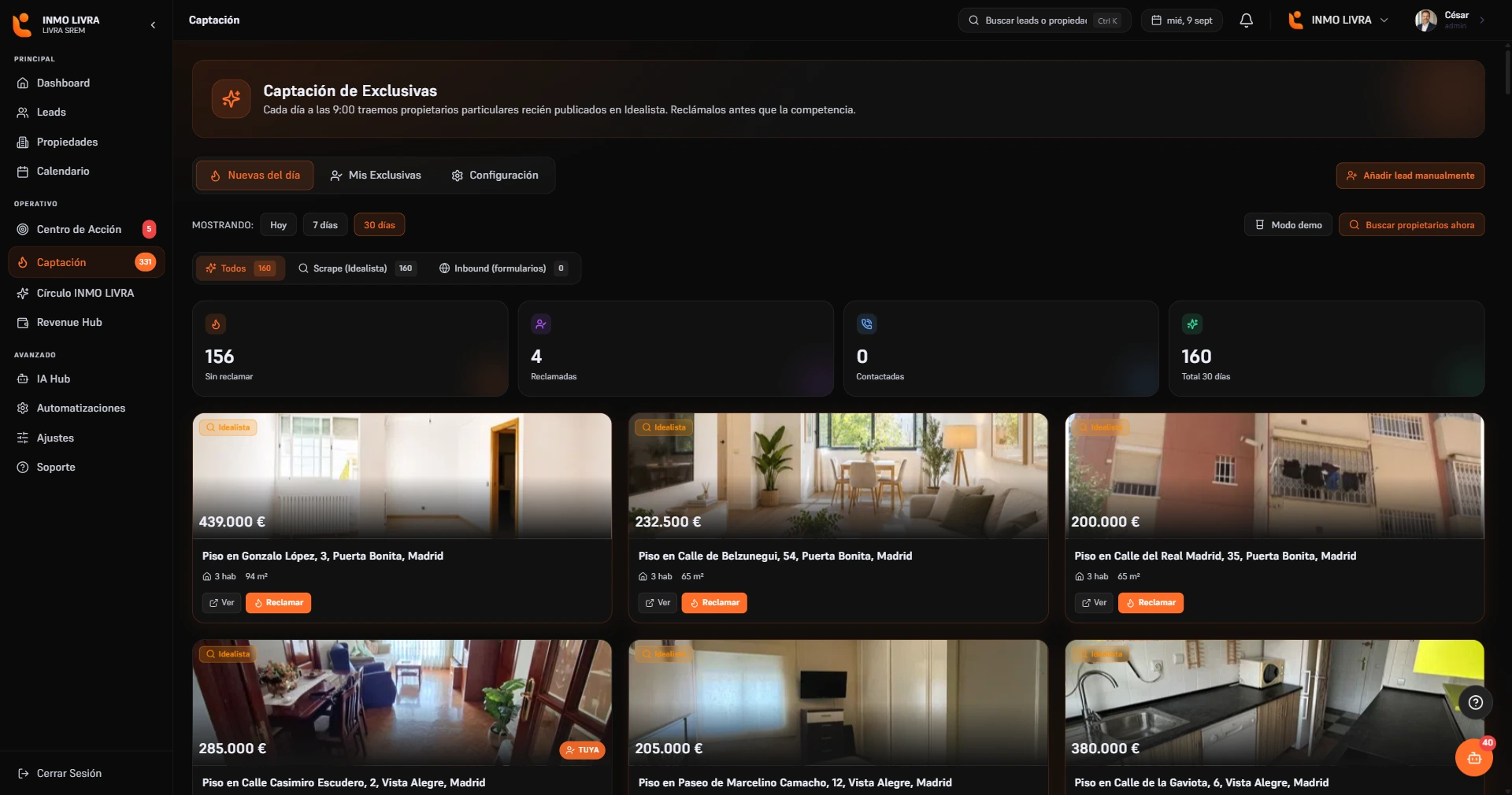 Pantalla de captación de Livra: los propietarios particulares recién publicados en Idealista en la zona de la agencia, cada uno con su precio, sus metros y un botón para reclamarlo antes que la competencia.