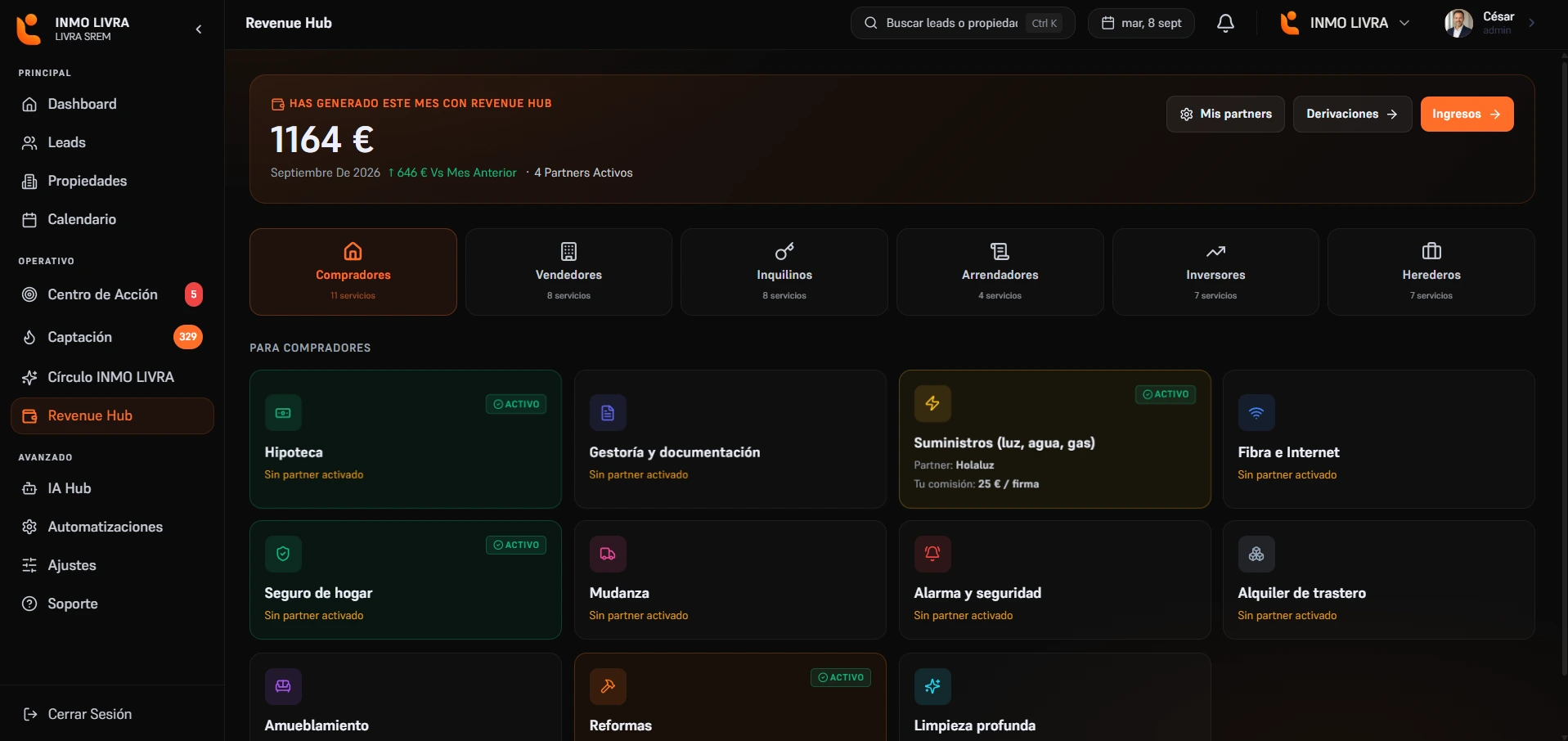 El Revenue Hub de Livra dentro del panel: lo generado en el mes con las derivaciones, los partners activos y el catálogo de servicios por tipo de cliente —hipoteca, suministros, seguro de hogar, reformas— con su comisión.